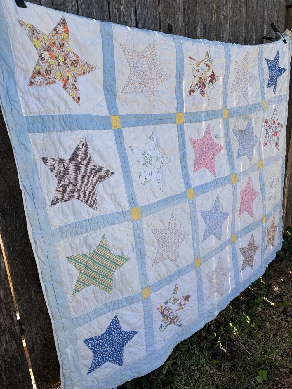 Antique Handmade Patchwork Star Quilt in Blue, Pink, & Yellow-62x78”